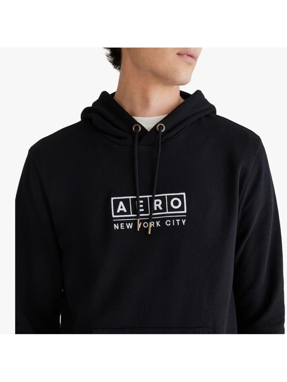 AEROPOSTALE Aero New York City Embroidered Box Logo Popover Black Hoodie - Picture 3 of 9